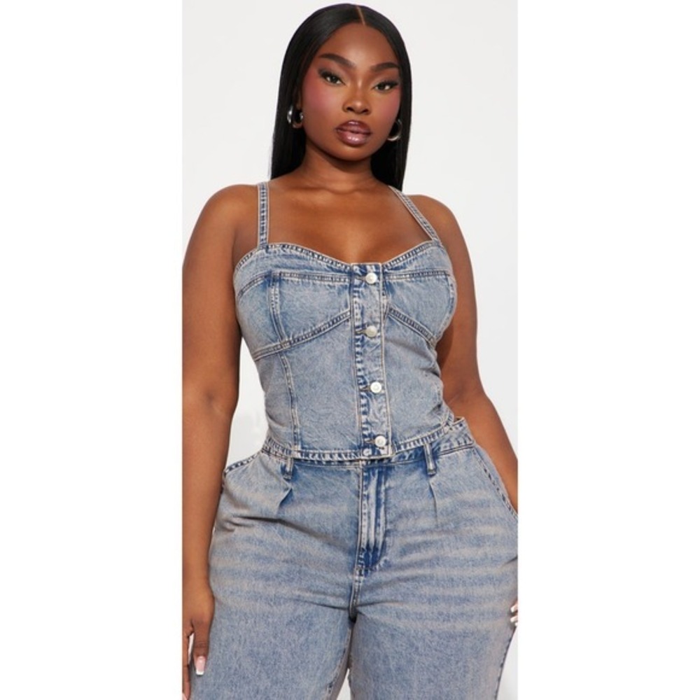 NWT Fashion Nova Cassie Denim Corset‎ Crop Bustier Button Front Top Plus size 1X